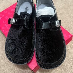 Alegria Black Embossed Loafers with Silver Buckle. Brand new. Never worn.